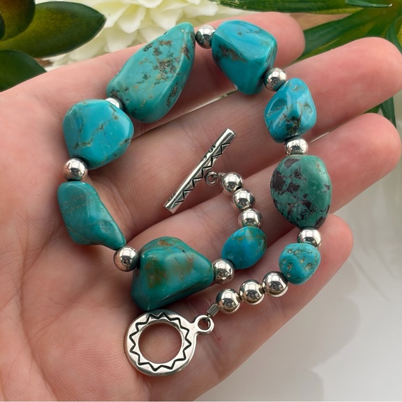 Vintage Sterling Silver 925 Turquoise Nugget Bracelet Boho Southwest Style - Picture 8 of 11